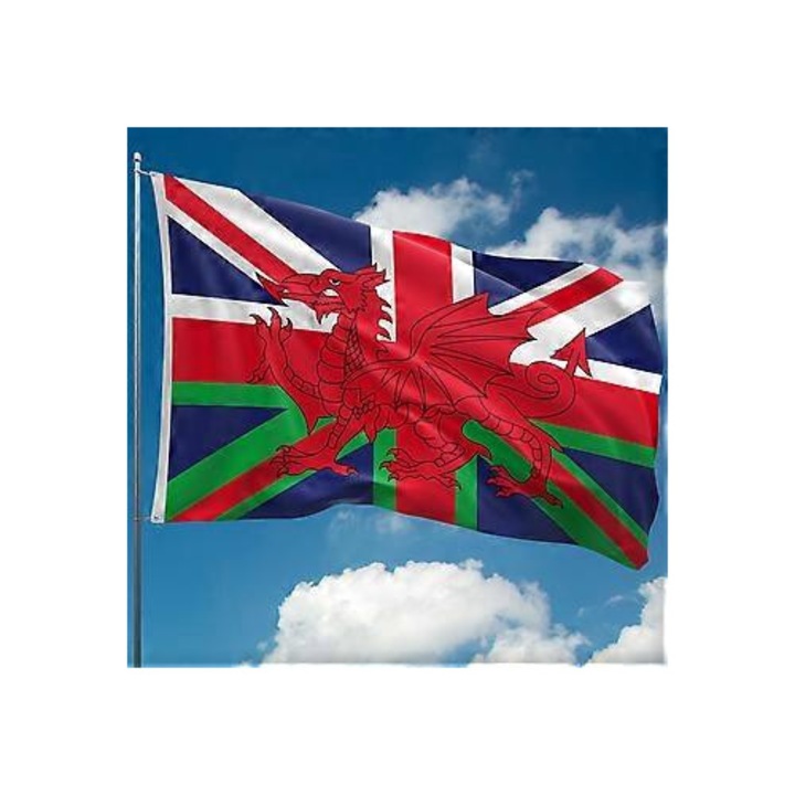 Steag Welsh cu Union Jack, Dragonul din Wales, 100% poliester, 2 ochiuri, set