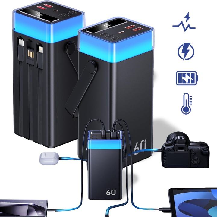 Baterie Externa, Suness, 60000mAh, 22.5W, PD 3.0 + QC 3.0, 9 moduri de iluminare ambientala si 3 moduri de lanterna, afisaj LED, cu maner, Dispune de 5 porturi de iesire si 2 porturi de intrare, 6,9x5,8x15,0cm, Compatibil cu toate disp