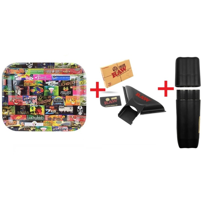 Set Raw Tava de rulat History 34 x 27, 5cm + Palnie cu Card pentru umplere usoara + Suport Raw Three Tree Black pentru tigari conuri