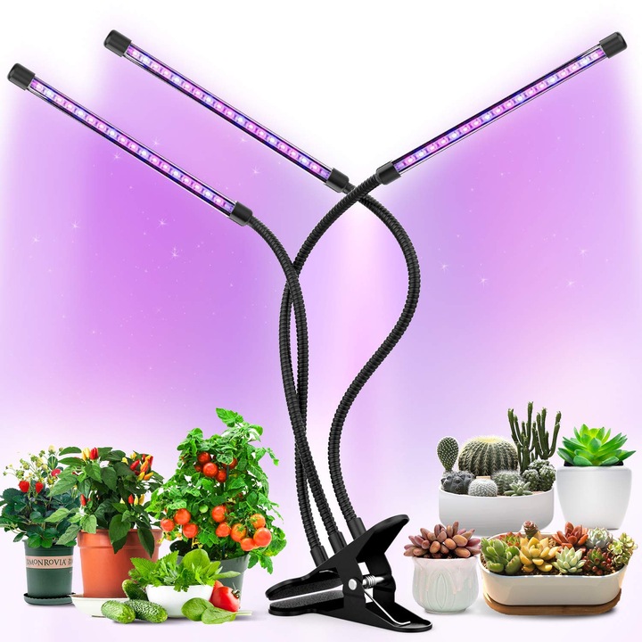 Teljes spektrumú UV lámpa növénytermesztéshez, 3 lábbal, 60 LED-del, 27 W, időzítővel, állítható testtel, csipesszel és USB adapterrel, távirányítóval, UV fénnyel, 3 világítási móddal, fekete
