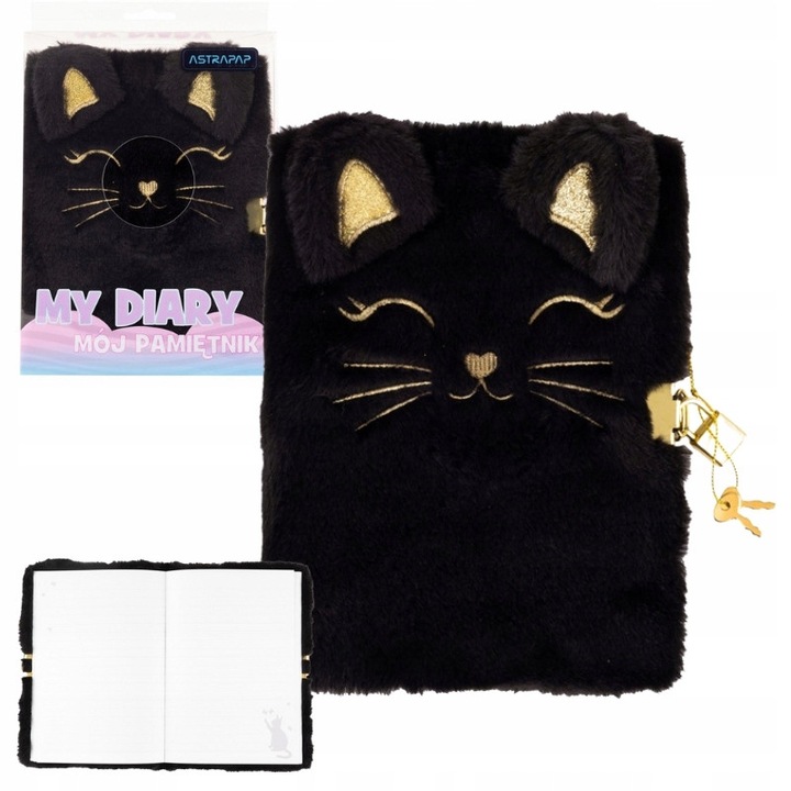 Jurnal Cu Lacat, Astra, Motiv Pisicuta Pufoasa Neagra, Tip De Pagini Cu Linii, Durabil, De Inalta Caliate, Usoar, Gramaj Hartie 70 G/M², 19 x 9 x 8 cm, Multicolor, 1 Jurnal