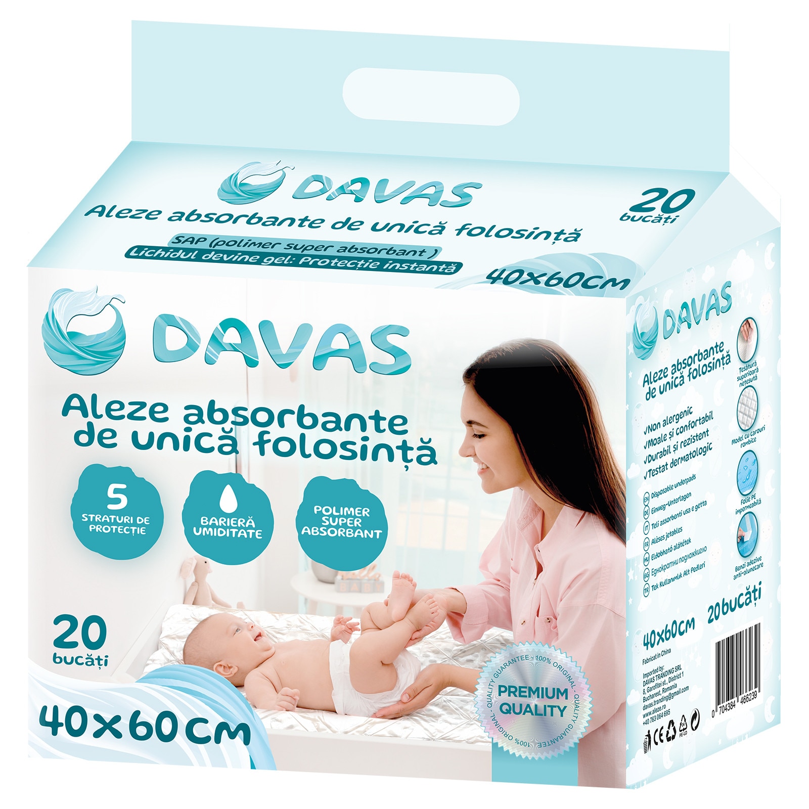 Aleze Davas 40x60 cm, 20 buc, absorbante, unica folosinta, 5 straturi ...