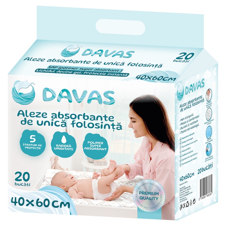 Подложки Davas 40x60 см, 20 бр, абсорбиращи, за еднократна употреба, 5 слоя, със SAP полимер, самозалепващи ленти
