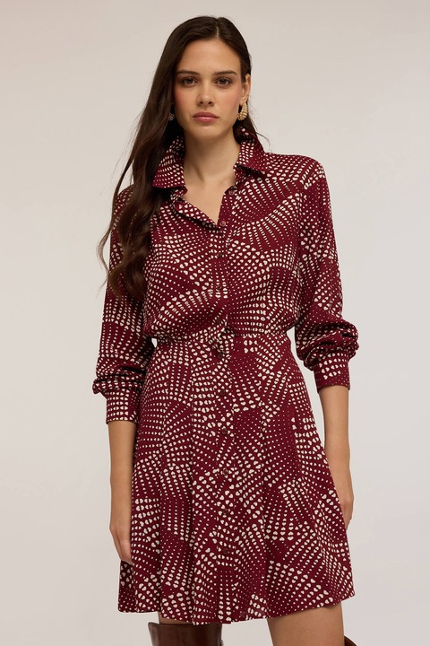 Motivi, Rochie-camasa midi cu model, Alb/Rosu inchis