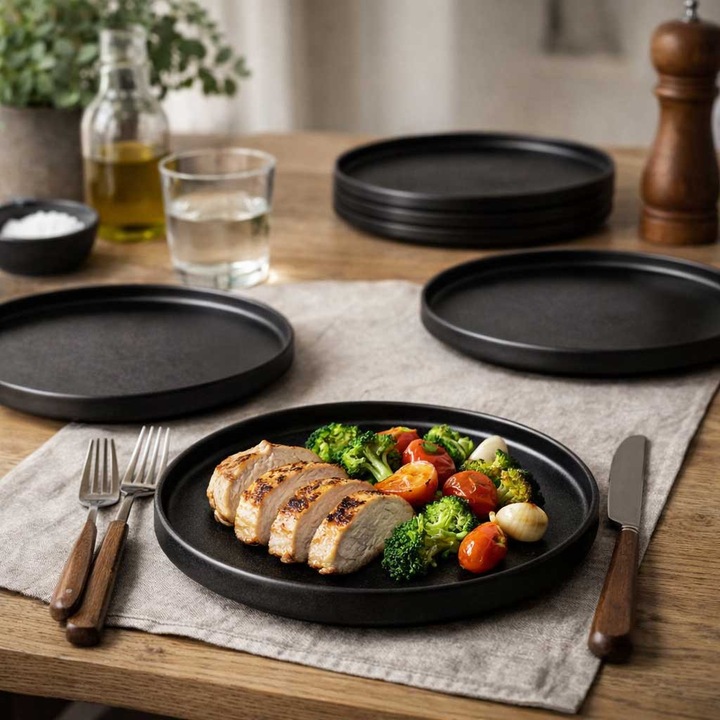 Set 4 farfurii intinse negre din ceramica, intinse, 20cm, simple