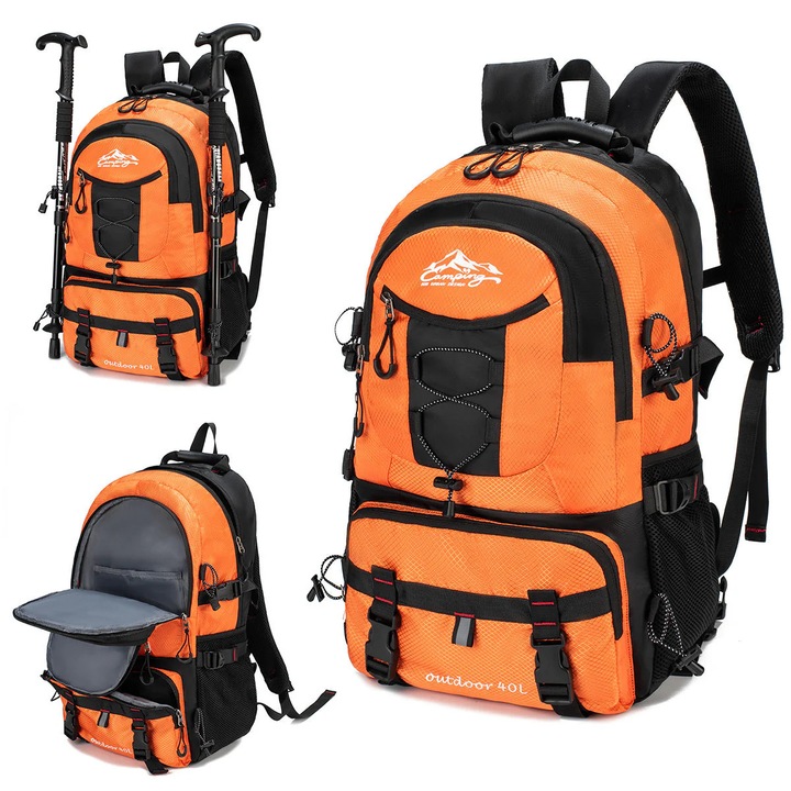Rucsac drumetie impermeabil 40L, 50x31x25 cm, cu buzunar laptop si bretele ventilate, Portocaliu
