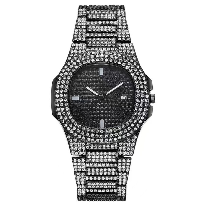 Ceas Quartz Unisex Luxury Negru cu Cristale Diamond