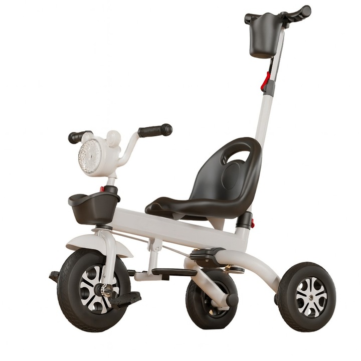 Многофункционална триколка за деца, Flippy, Сгъваема, тип бутане, Седалка с функция за сядане и легнало положение, Кормило с кош, светлини и музика, Поставка за чаша, 61 x 37 x 27 см, Бяло-черно