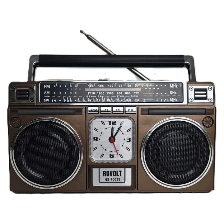 Radio portabil ROVOLT NS-7003S cu Bluetooth, TWS, USB/TF, ceas si baterie reincarcabila 1200 mAh, Maro