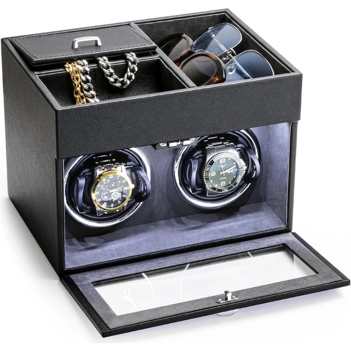 Cutie intors ceasuri iUni, Watch Winder 2 + 3 Compartimente accesorii, Piele ecologica, Negru-Gri