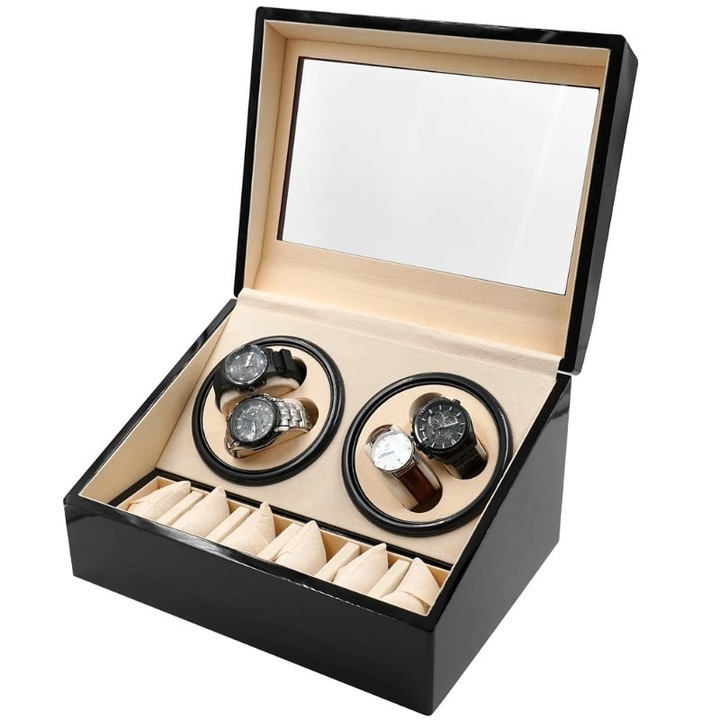 Cutie intors ceasuri iUni, Watch Winder 4 + 6 spatii depozitare, Negru-Crem