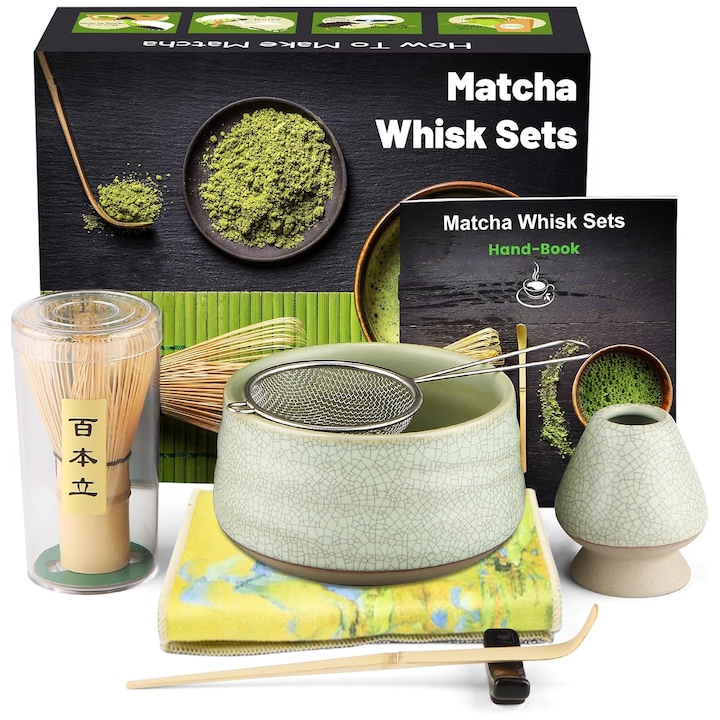 Set pentru Ceai Matcha, Set ceai Matcha 7 piese, Bol pentru Matcha, Suport pentru tel, Lingurita din Bambus, Stand pentru lingurita, Panza de Ceai Din Bumbac, Suport pentru tel Cerami, Sita, Verde