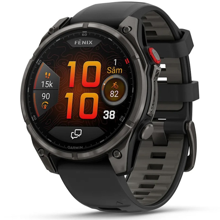 Smartwatch Garmin Fenix 8 Pro, 47mm, AMOLED, LTE, GPS, Wi-Fi, Android/iOS, Sapphire, Titan, curea din silicon Graphite/Black