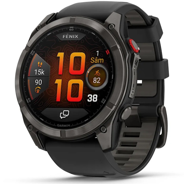 Smartwatch Garmin Fenix 8 Pro, 51mm, AMOLED, LTE, GPS, Wi-Fi, Android/iOS, Sapphire, Titan, curea din silicon Graphite/Black