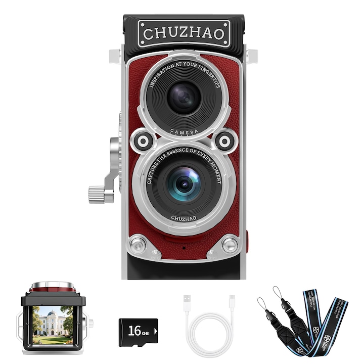 Aparat foto digital CHUZHAO, cu autofocus de 12MP, cu card de memorie de 16 GB, compact, 48 milioane de pixeli HD camera Vlogging, cu inregistrare video FHD 1080P rosu