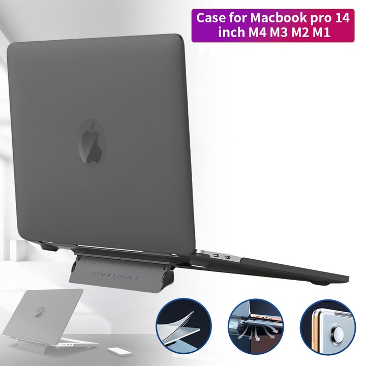 EXCITAT® твърд калъф, съвместим с MacBook Pro 14" (A3112 / A3185 / A3401 / A2918 / A2992 / A2779 / A2442) – Полупрозрачен калъф със скрита стойка, за M4 / M3 / M2 / M1, Черен