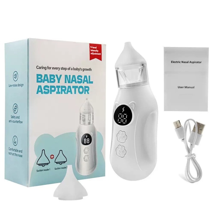 Aspirator Nazal Electric Bebelusi Copii, 65KPa Putere Maxima Aspiratie, 9 Niveluri Silentios, Anti-Reflux, Cu 2 Varfuri de Silicon, Portabil, Incarcare USB, Alb, MDUG®