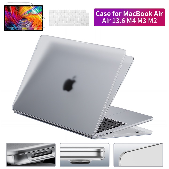 EXCITAT® Husa rigida mata compatibila cu MacBook Air 13.6" (A2681 / A3113 / A3240) – Carcasa cu textura anti-amprenta, folie de tastatura EU si protectie ecran, compatibila cu Touch ID, pentru M2 / M3 2022–2024, Gri