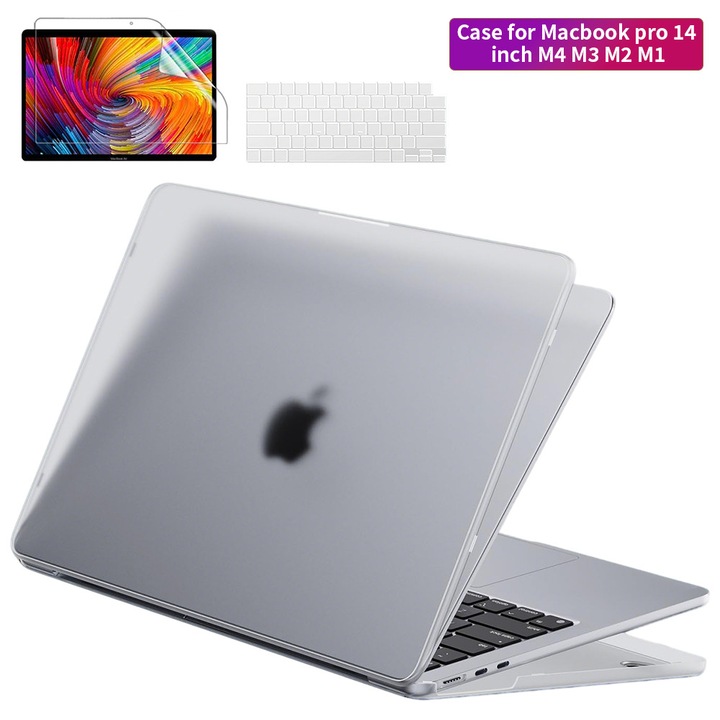 EXCITAT® Husa rigida mata compatibila cu MacBook Pro 14" (A3112 / A3185 / A3401 / A2918 / A2992 / A2779 / A2442) – Carcasa semi-transparenta cu textura anti-amprenta, folie de tastatura EU si protectie ecran, pentru M4 / M3 / M2 / M1, Gri
