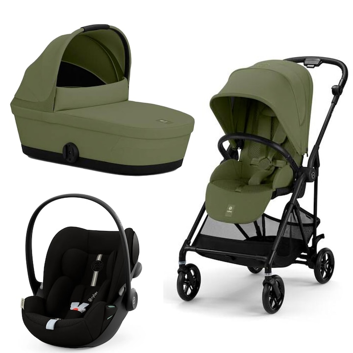 Бебешка количка 3 в 1 Cybex Gold Melio Carbon B, Moss Green, син със столче за кола Cloud G i-Size