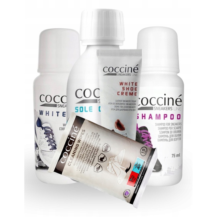 Set de ingrijire a incaltamintei, Coccine, 5 in 1, 5 piese, pentru curatarea si ingrijirea incaltamintei sport, inclusiv: inalbitor pentru incaltaminte 75g, detergent 125ml, servetele umede 15 buc, crema pentru incaltaminte 75ml, sampon 75ml, Multicolor