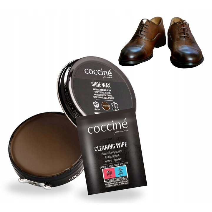 Set 2 in 1, Coccine, Crema de pantofi maro 40 ml, Servetele de curatare 1 buc., Protectie impotriva umiditatii, Ingrijirea pielii, Prelungeste durata de viata a incaltamintei, Confortabil de utilizat, Sigur si inodor, Maro, Setul include: Crema de pantofi