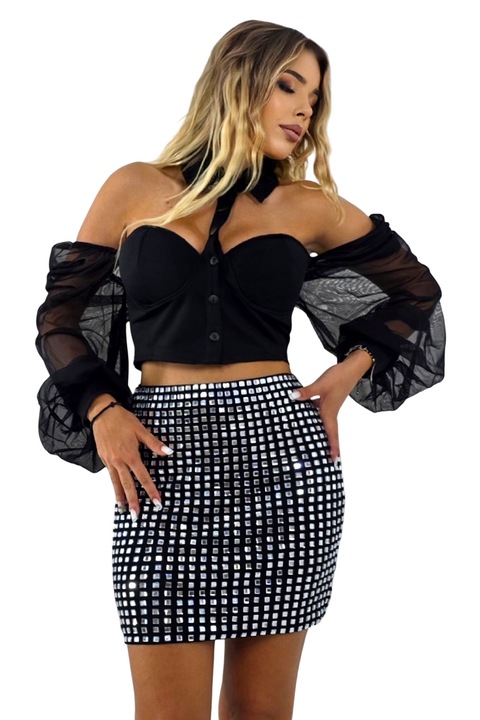 Fusta scurta eleganta cu paiete oglinzi Oriana, Negru, Marimea universala S/M, FashionForYou