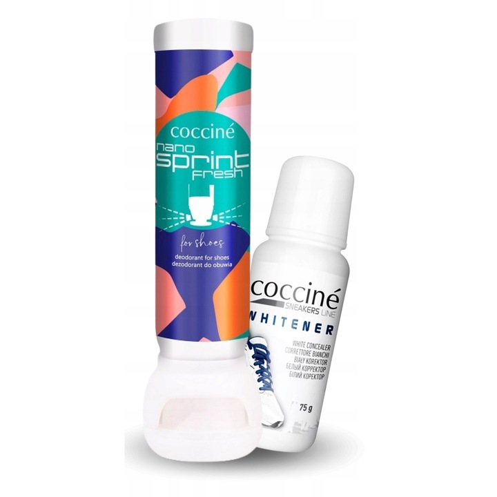 Set, Coccine, Nano Sprint + Albitor, 75 ml + 100 ml, Deodorant pentru incaltaminte, Corector pentru incaltaminte alba, Indeparteaza mirosurile neplacute, Albeste incaltamintea, Faciliteaza aplicarea, Antibacterian, Sigur din punct de vedere al materialelo