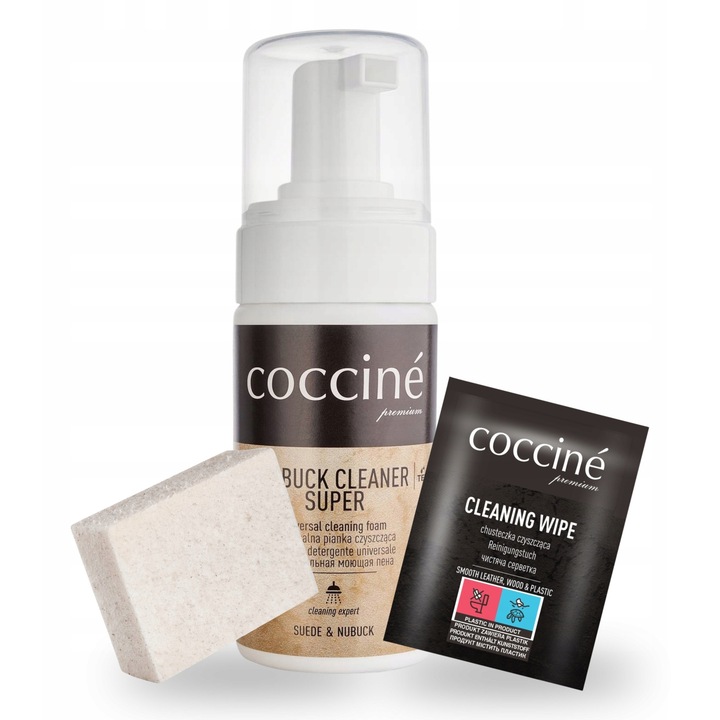 Kit de curatare pantofi din piele intoarsa, Coccine, spuma de curatare 100 ml, 1 servetel, radiera de curatare, universal, eficient, usor de utilizat, sigur pentru piele, fara miros, material: spuma, servetele, radiera, culoare: multicolor, setul include: