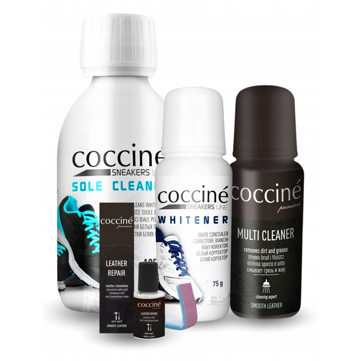 Set, Coccine, Solutie de curatare a talpilor + Albire + Solutie multifunctionala de curatare + Solutie de reparare alba, 125 ml + 75 ml + 75 ml + 10 ml, 4 in 1, pentru curatarea si renovarea incaltamintei, pentru talpi albe si subtiri, pentru piele natura