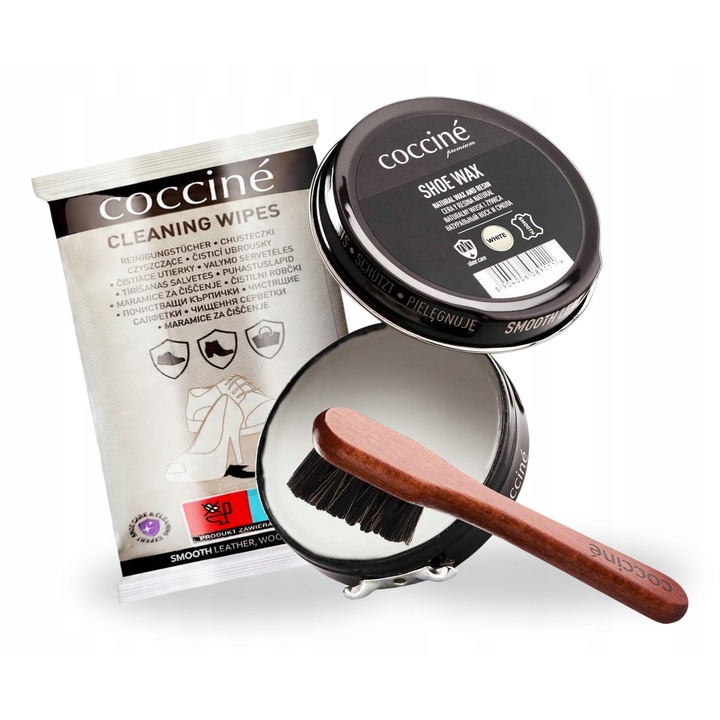 Set de ingrijire a incaltamintei, Coccine, Crema de pantofi incolora, 40 ml, Setul include 15 servetele hidratante, Marker cu pensula, Material: ceara, Ingrijire si protectie a pielii, Protectie impotriva umezelii, Aplicare usoara