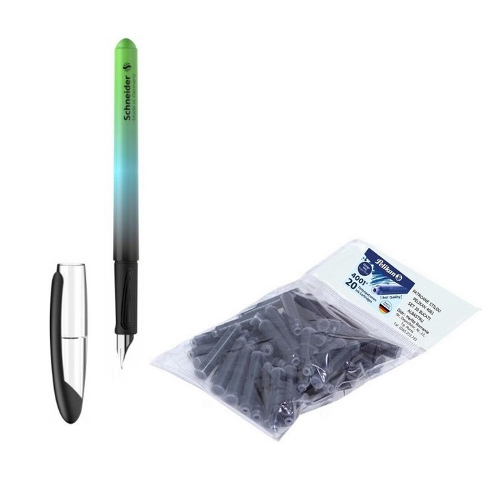 Set stilou Schneider, grip ergonomic, cu 20 rezerve cerneala Pelikan, motiv Sporty