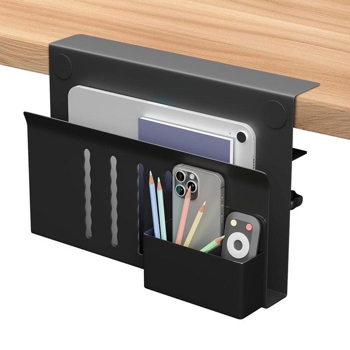 Suport birou lateral, Axroad Mall, Organizator suspendat din otel, Cu suport magnetic pentru pix, Design termic, Design antiderapant, Pentru tablete, carti, Instalare invizibila pentru biroul de acasa si scoala, 30*20*12cm, Negru