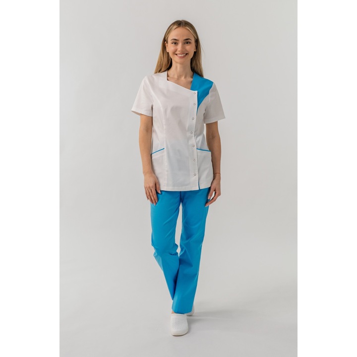 Bluza medicala Lia, de dama, asimetrica, inchidere cu capse, alb cu insertie de culoare albastru cobalt, XS
