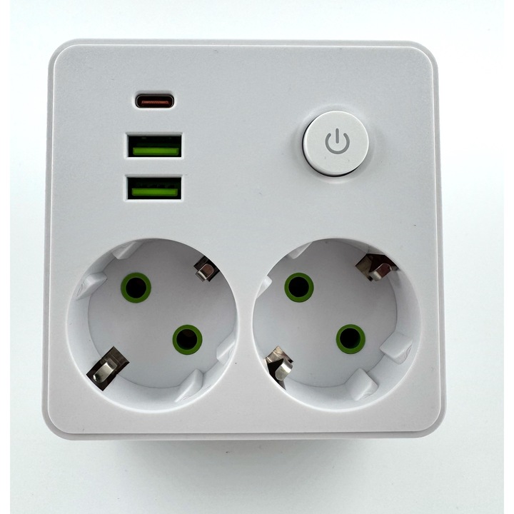 Двоен адаптер контакт Шуко с 2xUSB + 1xUSB-C, бутон ON/OFF, макс. 2500W, 20W PD, защита от претоварване