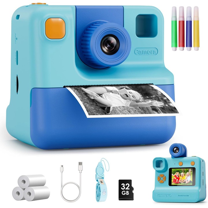 Моментална фотокамера за деца Oricean, функции за снимки, видео, печат, HD 1080p, 2-инчов екран, 32GB карта памет, USB-C, синя