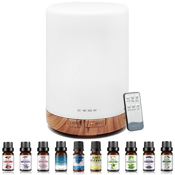 Difuzor Aromaterapie, Difuzor de ulei Esential 7 culori LED, Control Prin Telecomanda, Capacitate 300ml, Silentios, Umidificator cu Ultrasunete, Timer si comutator de siguranta Auto-Off, Albe