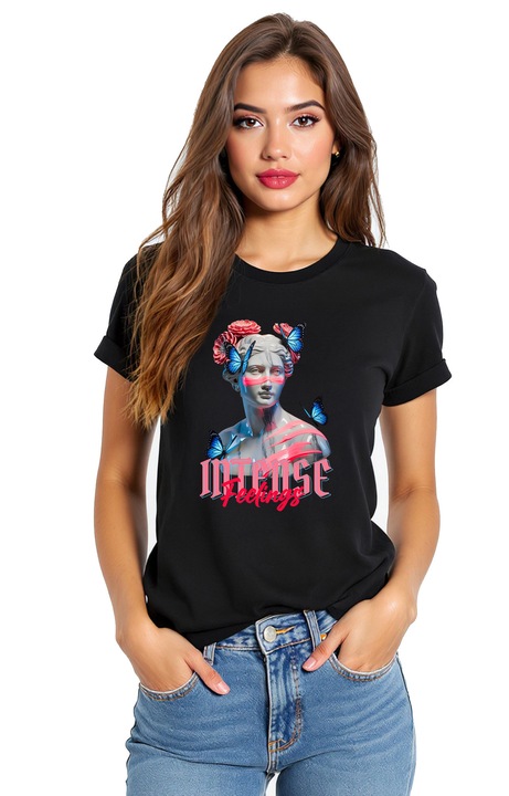 Tricou de dama din bumbac cu imprimeu artistic 3D, „Intense, Negru