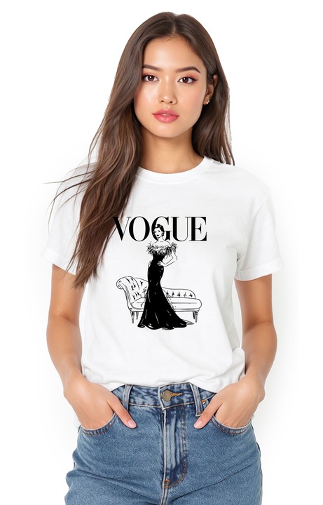 Tricou de dama din bumbac cu imprimeu fashion elegant-„Vogue Chic, Alb
