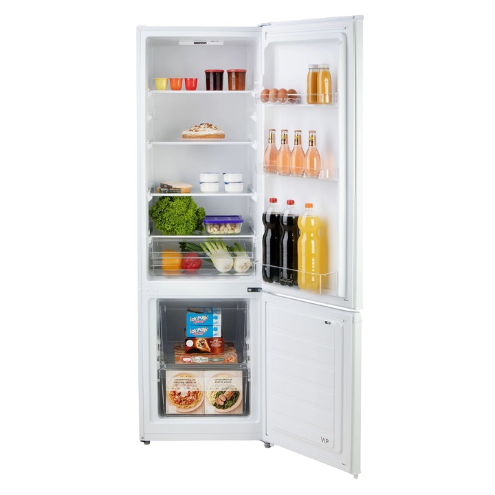 Комбиниран хладилник Full No Frost DOMO, В 177 см, общ капацитет 262 литра, фризер 65 литра, 4 рафта от закалено стъкло, 3 отделения на вратата, отделение за плодове/зеленчуци, LED вътрешно осветление, реверсивни врати, бял