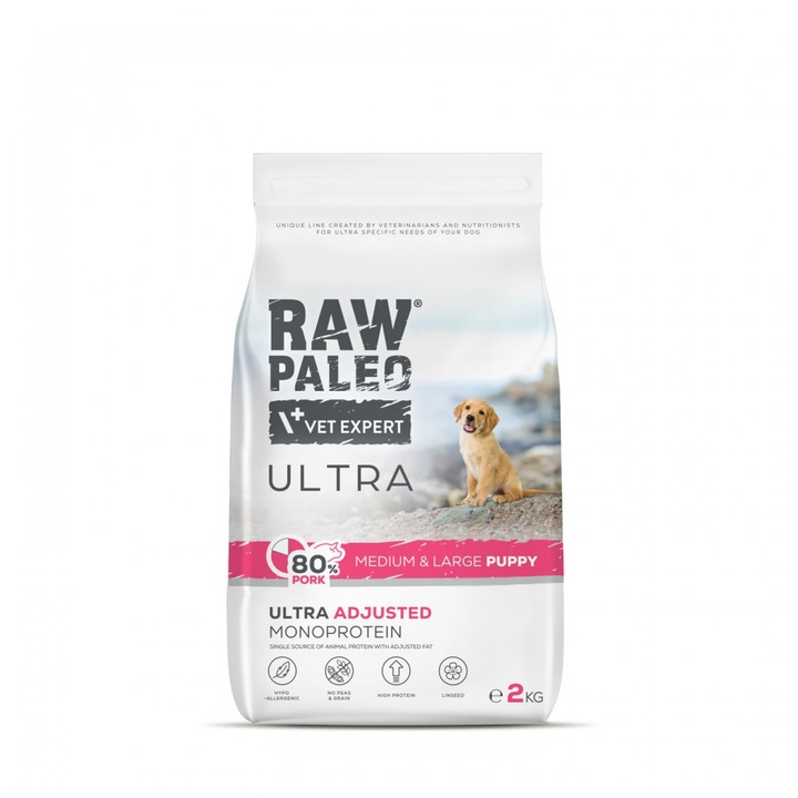 Hrana uscata pentru caini, Raw Paleo Ultra Pork, talie medie si mare, 2 kg