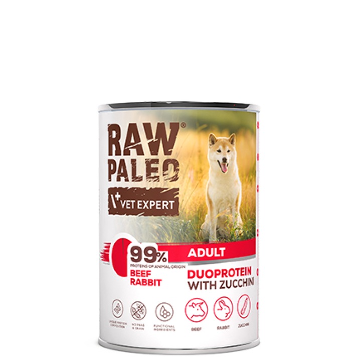 Raw Paleo Beef&Rabbit nedves kutyaeledel, VetExpert, 400g, gluténmentes, gabonamentes