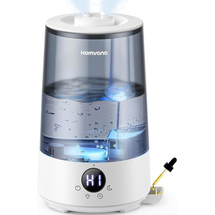 Umidificator Homvana pentru dormitor, cu umplere de sus, 3, 6 L, ceata rece 360°, durabil 34h, silentios 16 dB (tehnologie SilentSpray), mic, pentru bebelusi si camere de copii, fara BPA, difuzor de aroma pentru plante, lumina de noapte cu 7 culori
