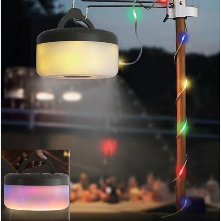 Lampa camping 2-in-1 cu ghirlanda LED RGB 8 m, USB reincarcabila, 5 programe, IP44, Ø9×5 cm, Alb/Kaki