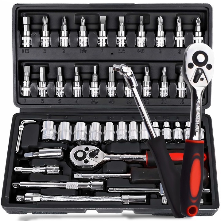 Комплект инструменти RETOO HandyTools, с 46 части, за автомобили и бита, с вложки, мултифункционални отвертки и комплект битове, Стомана, Черен