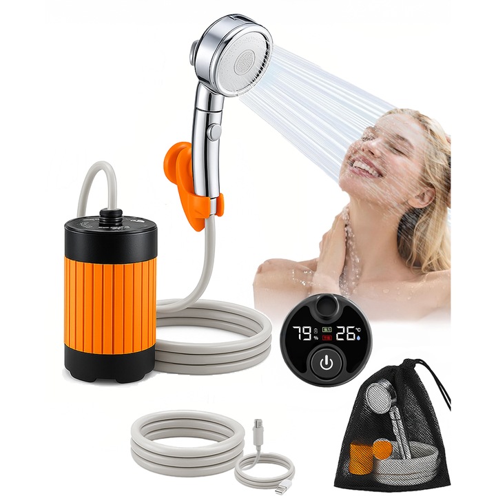 Преносим душ LEBLOU, Двоен мотор с мощно налягане (8л/мин), 2 регулируеми степени, Дигитален дисплей с термометър, Батерия 7800mAh – IPX8, С вендуза, Кука, Маркуч 2м, Чанта за носене, Потопяема помпа, За къмпинг, Двор, Туризъм