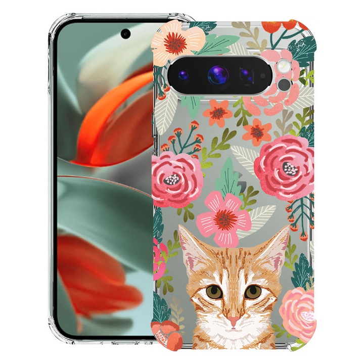 BestCase® Husa Anti Shock 1.5mm Compatibil cu Google Pixel 10 Pro / Pixel 10, cu Design Cat and Flowers, Reinforced 4 Corners, 3119593 AS 638