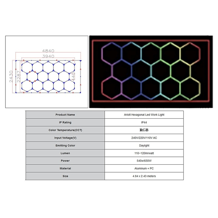 Система за осветление на таван Шестоъгълник / Пчелна пита 4.84 x 2.43м RGB светлина
