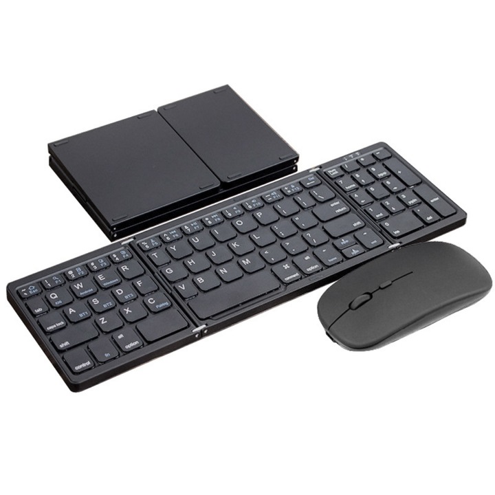 Tastatura wireless pliabila, universala, tri-fold, cu mouse wireless cadou, Bluetooth multi-device 3 conexiuni, reincarcabila, autonomie 46h, compatibila Windows, MacOS, iOS, Android, HarmonyOS, ultra-compacta, 200g, Negru, A ATAB