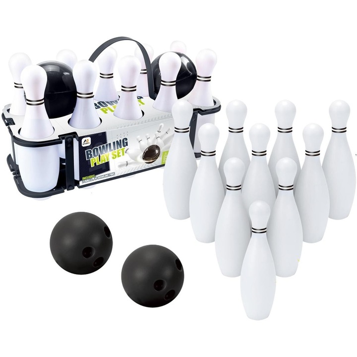 Set Bowling Interactiv Pentru Copii Enero, 12 Piese, 10 Popice si 2 Bile, 1 suport, alb/negru
